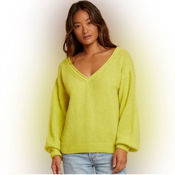 Nation LTD Zoya Open Neck Knit Long Sleeve V-Neck Sweater Ace Chartreuse M - Picture 1 of 6